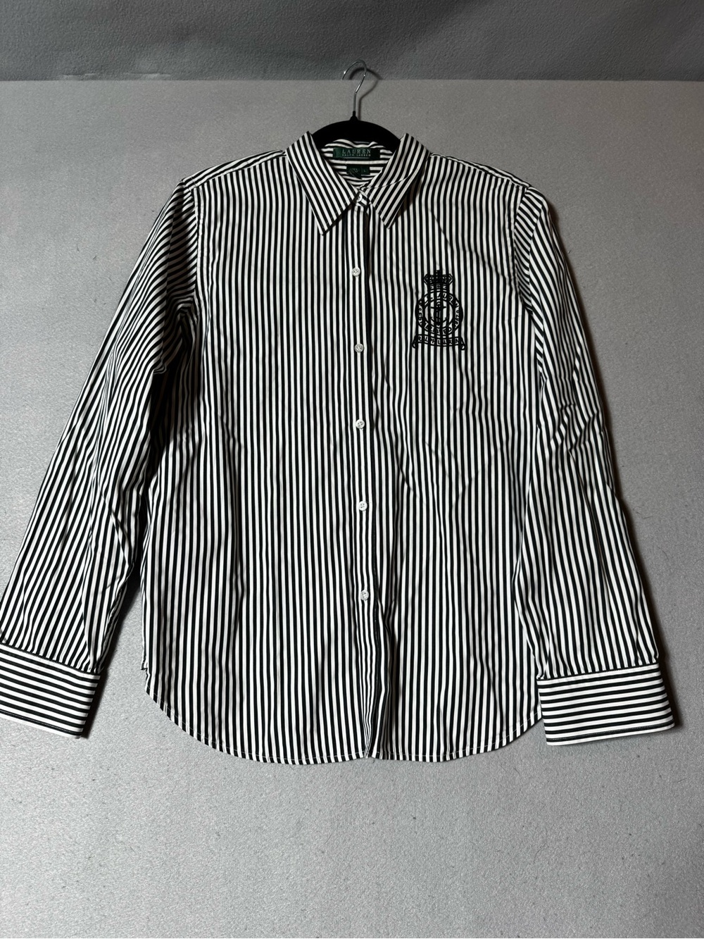 Ralph Lauren Black & White Vertical Stripe Dress Shirt with Crest